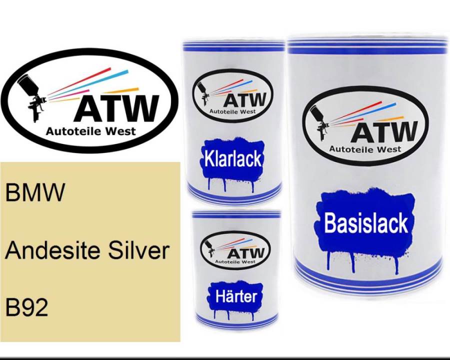 BMW, Andesite Silver, B92: 500ml Lackdose + 500ml Klarlack + 250ml Härter - Set, von ATW Autoteile West.